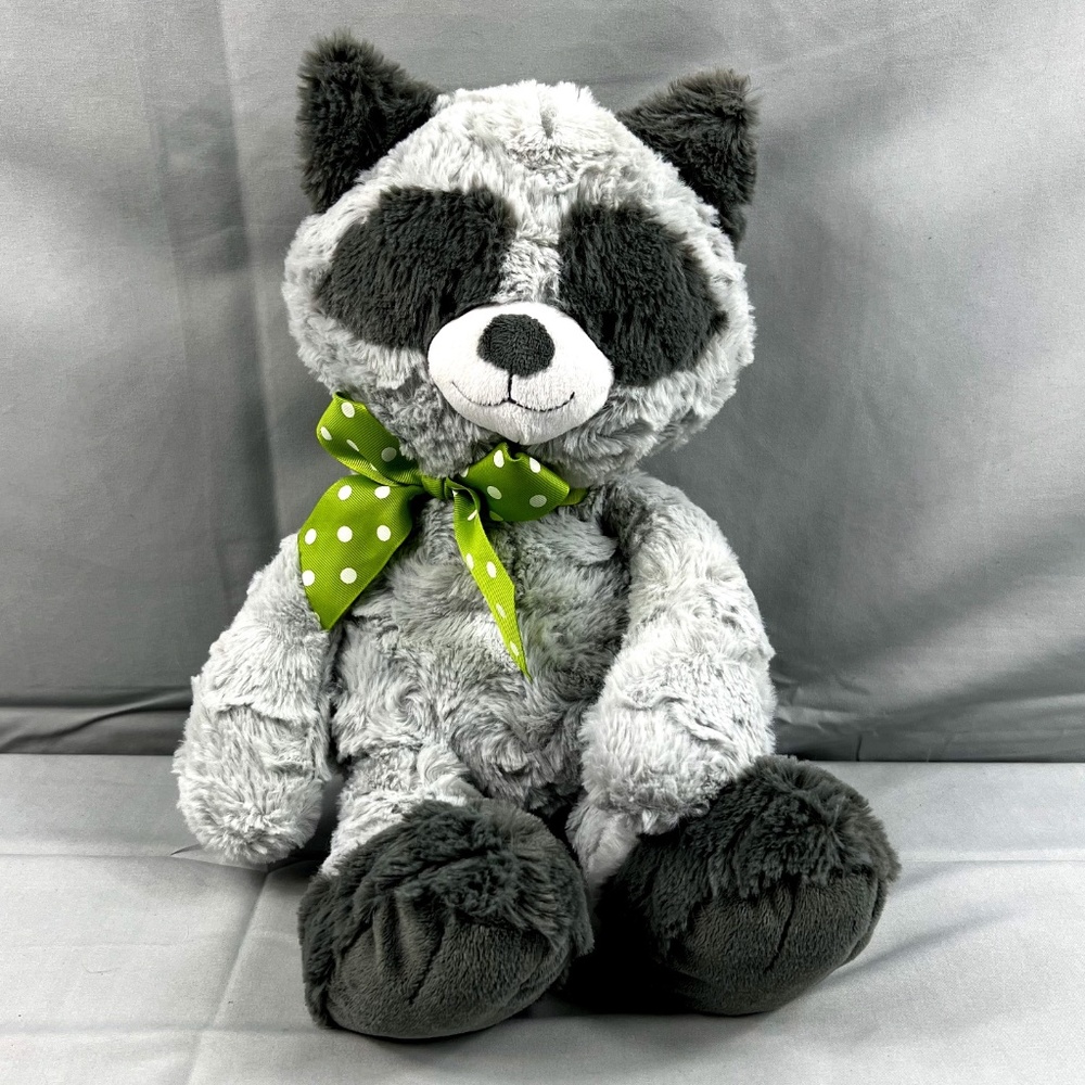 Animal Adventure 17" Plush Gray Raccoon w/ Green Polka Dot Bow Stuffed Toy 2019